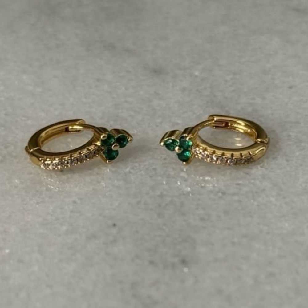 Gold Green Crystal Flower Huggie Hoop Earrings 

Brand New